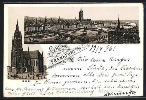 Lithographie Alt-Frankfurt, Teilansicht mit Dom