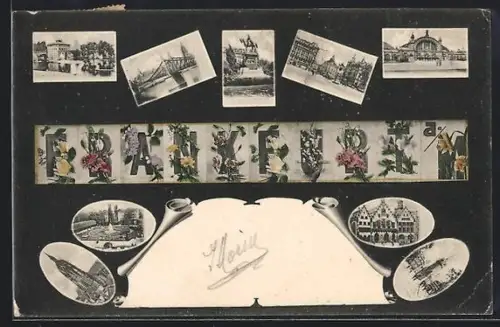 AK Alt-Frankfurt, Bilder diverser Plätze, Schriftzug Frankfurt a/M mit Blumen geschmückt