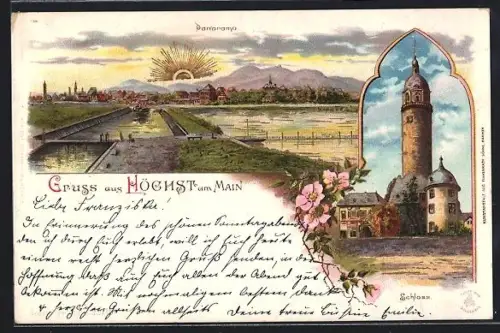 Sonnenschein-AK Höchst am Main, Panorama im Sonnenschein, Schloss