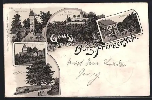 Lithographie Frankenstein / Bergstrasse, Ruineneingang, Burglinde, Forsthaus