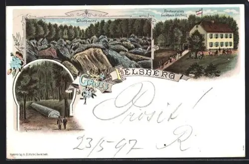 Lithographie Felsberg / Odenwald, Restaurant Forsthaus Felsberg, Felsenmeer, Riesensäule