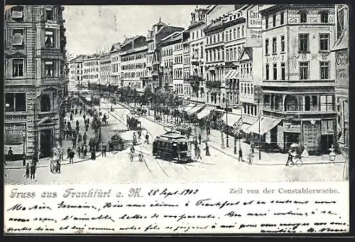 AK Frankfurt a. M., Zeil von der Constablerwache, Strassenbahn, Geschäftsgebäude