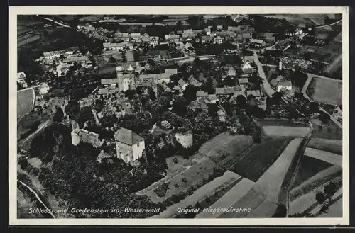 AK Greifenstein im Westerwald, Schlossruine, Original-Fliegeraufnahme