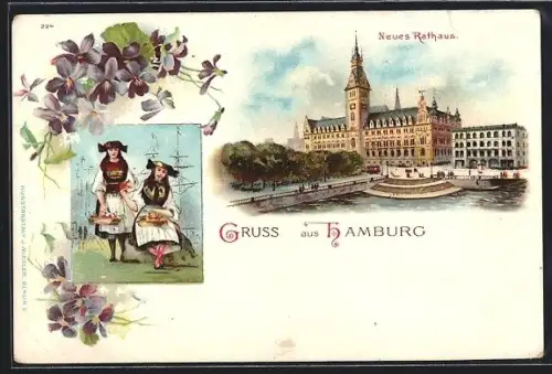 Lithographie Hamburg, Neues Rathaus, Frauen in Trachten