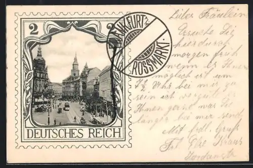 AK Frankfurt a. M., Rossmarkt mit Strassenbahnen in einer Briefmarke