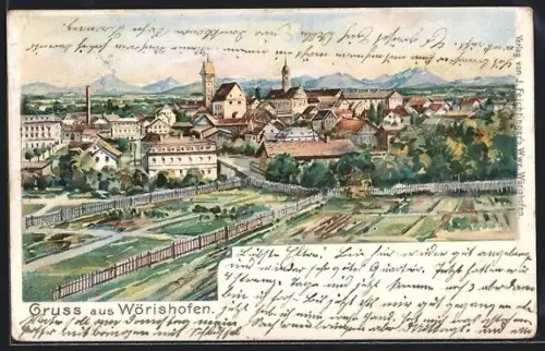 Lithographie Wörishofen, Ortsansicht mit Kirche