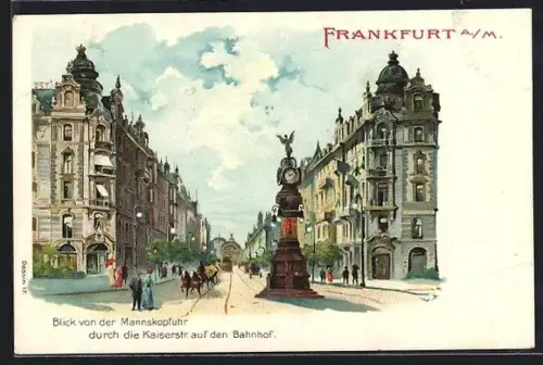 Lithographie Frankfurt a. M., Blick von der Mannskopfuhr durch die Kaiserstrasse zum Bahnhof