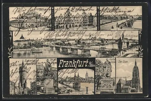 AK Frankfurt a. Main, Börse, Römer, Dom, Goethe-Denkmal