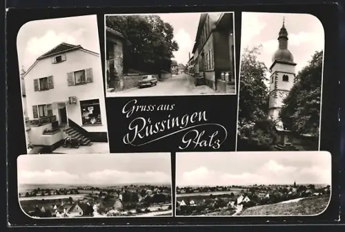 AK Rüssingen /Pfalz, Kirche, Strassenpartie, Ortspanorama