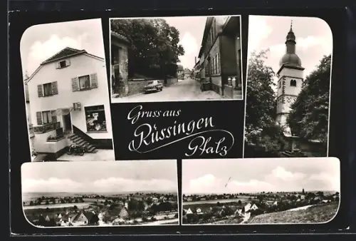 AK Rüssingen /Pfalz, Kirche, Ortspanorama, Strassenpartie mit Auto