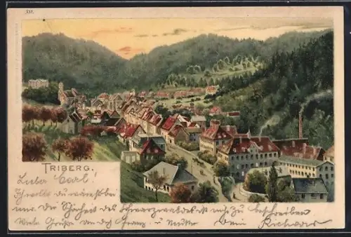 Lithographie Triberg, Ortsansicht mit Tal und umliegenden Bergen