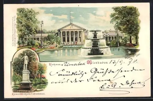 Lithographie Wiesbaden, Kurhaus, Kurpark, Kaiser Wilhelm I. Denkmal