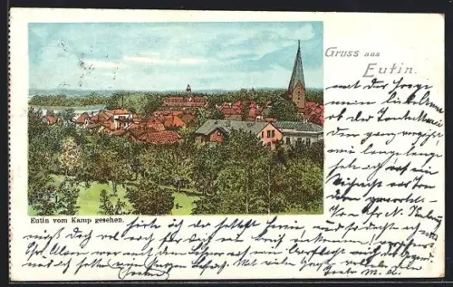 Lithographie Eutin, Blick vom Kamp auf Stadt und Kirche