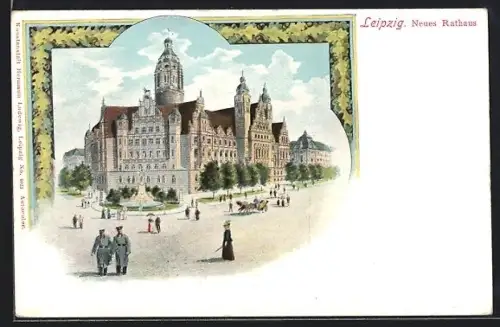 Lithographie Leipzig, Neues Rathaus mit Denkmal