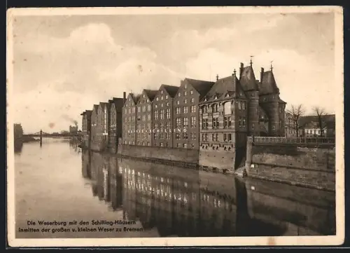 AK Bremen, Weserburg mit Schilling-Häusern inmitten der grossen & kleinen Weser