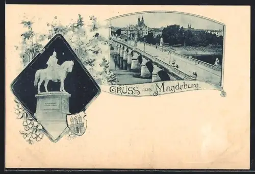AK Magdeburg, Brücke mit Kirche, Denkmal