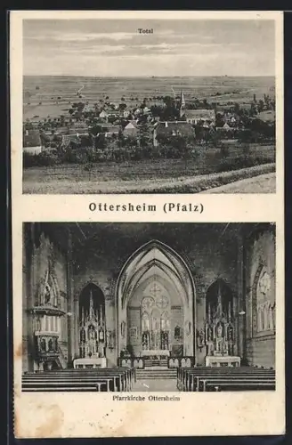 AK Ottersheim / Landau, Ortsansicht aus der Vogelschau, Pfarrkirche
