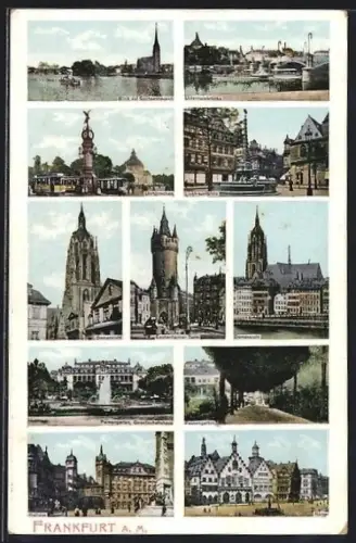 AK Frankfurt a. M., Domansicht, Eschenheimer Turm, Römer, Uhrturm