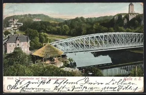 AK Halle a. S., Blick v. Gasthof Bergschenke auf Burg Giebichenstein und Brücke