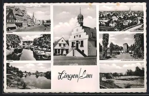 AK Lingen /Ems, Ehrenmal am Stadtpark, Rathaus, Markt, Hafen und Gesamtansicht