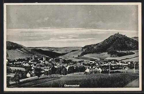 AK Obermoschel, Ortsansicht mit umliegenden Hügeln