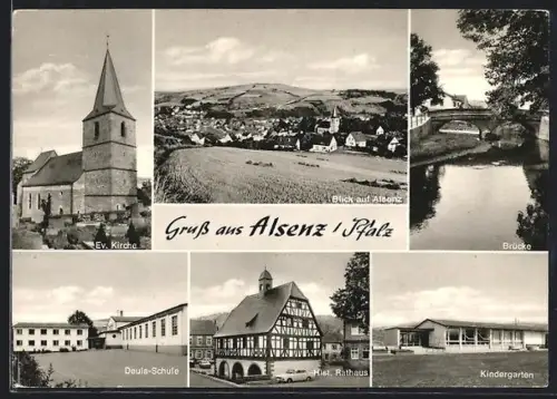AK Alsenz /Pfalz, Ev. Kirche, hist. Rathaus, Deula-Schule, Brücke, Kindergarten, Blick auf Alsenz