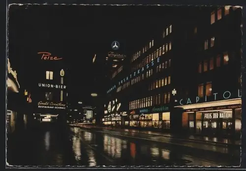 AK Dortmund, Hansastrasse bei Nacht, Capitol, Union-Bier, Deutsche Ersatzkasse