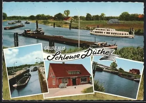 AK Schleuse Düthe, Schleusenanlage, Schiffe, Lebensmittelhaus M. Sandmann