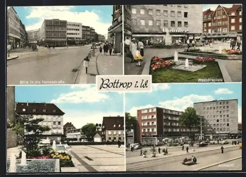 AK Bottrop, Blick in die Hansastrasse, Wasserspiele, Kirchplatz, Altmarkt
