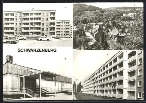 AK Schwarzenberg / Sachsen, Gaststätte Roter Löwe und Plattenbauten, Wohngebiet Wilhelm Pieck