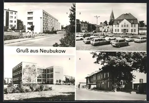 AK Neubukow /Bad Doberan, Heinrich Schliemann-Oberschule, Kirche, Bahnhof und Plattenbau