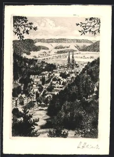 AK Marburg, Gesamtansicht des Ortes mit Kirche