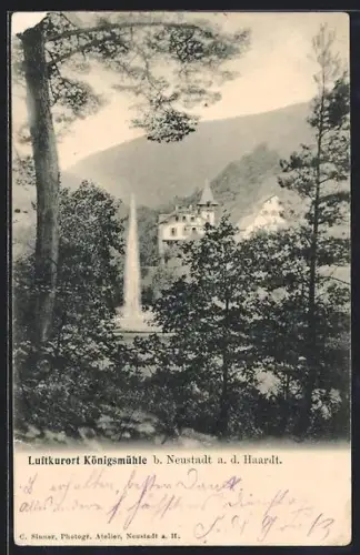 AK Königsmühle b. Neustadt a. d. Haardt, Gebäude, Springbrunnen, Wald