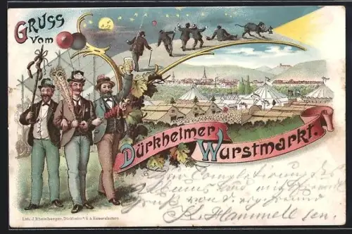 Lithographie Bad Dürkheim, Dürkheimer Wurstmarkt, Besucher mit Bier