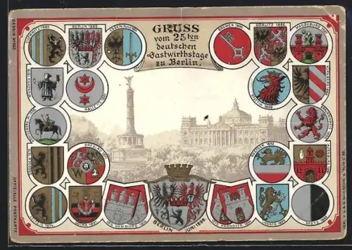 Passepartout-Lithographie Berlin-Tiergarten, 25. Deutscher Gastwirtstage zu Berlin 1898, Wappen deutscher Städte