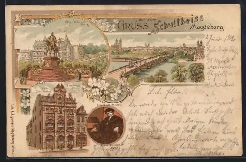 Lithographie Magdeburg, Zum Schultheiss, Kaiser Wilhelmsplatz, Brückenansicht
