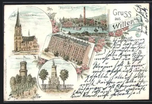Lithographie Witten a. d. R., Schwimm-Anstalt, Gedächtniskirche, Helenen-Thurm und Kriegerdenkmal