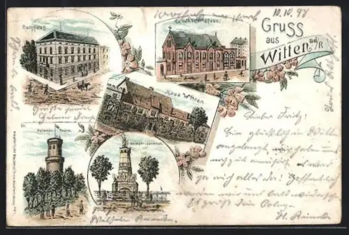 Lithographie Witten a.d.R., Rathhaus, Ev.-luth. Vereinshaus, Haus Witten, Krieger-Denkmal und Helenenthurm