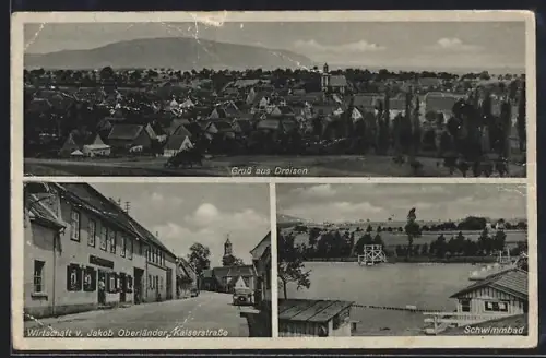 AK Dreisen, Totalansicht des Ortes, Partie an der Kaiserstrasse mit Wirtschaft v. Jakob Oberländer, Schwimmbad