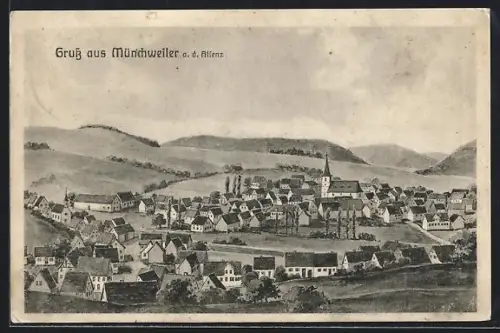 Künstler-AK sign. Hans Pernat: Münchweiler / Alsenz, Totalansicht des Ortes mit Umgebung