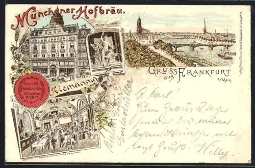 Lithographie Frankfurt a. Main, Teilansicht mit Brücke, Hofbräuhaus Alemannia Exterieur und Interieur
