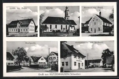 AK Kutzenhausen, Gasthaus Gg. Rapp, Brauerei Gg. Rapp, Strassenpartie m. Molkerei