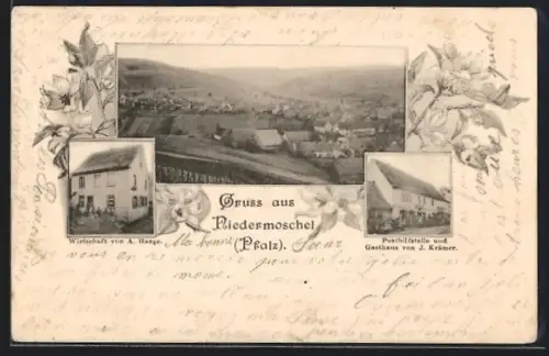 AK Niedermoschel /Pfalz, Posthilfsteller und Gasthaus v. J. Krämer, Gasthof von A. Haage, Blick über den Ort