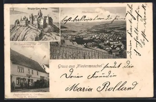 AK Niedermoschel, Posthilfsstelle u. Gasthaus von J. Krämer, Die Landsburg vor der Zerstörung
