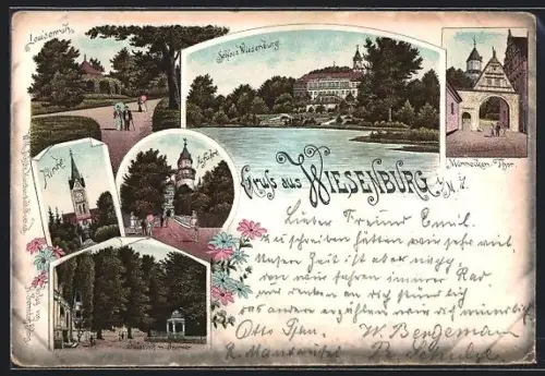Lithographie Wiesenburg / Mark, Blick auf Schloss Wiesenburg, Männecken-Thor, Louisenruh, Schlosshof m. Brunnen