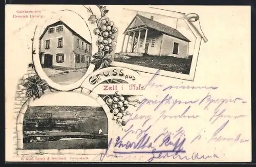 AK Zell i. Pfalz, Gasthof von Heinrich Ludwig, Blick über den Ort