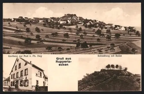 AK Ruppertsecken, Gasthaus zur Post v. Ph. Huy, Schlossberg mit Ruine, Gesamtansicht