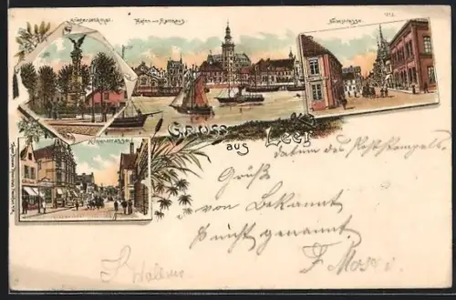 Lithographie Leer / Ostfriesland, Kriegerdenkmal, Hafen mit Rathaus, Mühlenstrasse und Neuestrasse
