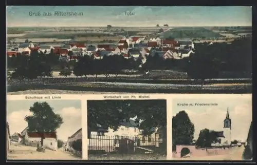 AK Rittersheim, Gasthaus Ph. Michel, Schulhaus mit Linde, Totalansicht