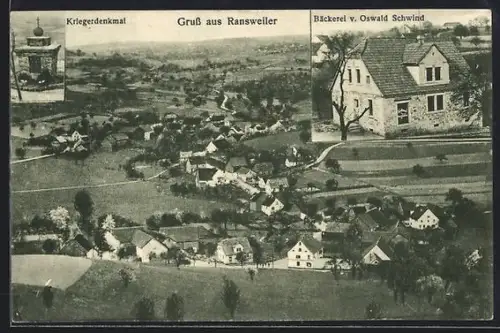 AK Ransweiler, Bäckerei von Oswald Schwind, Kriegerdenkmal und Totalansicht